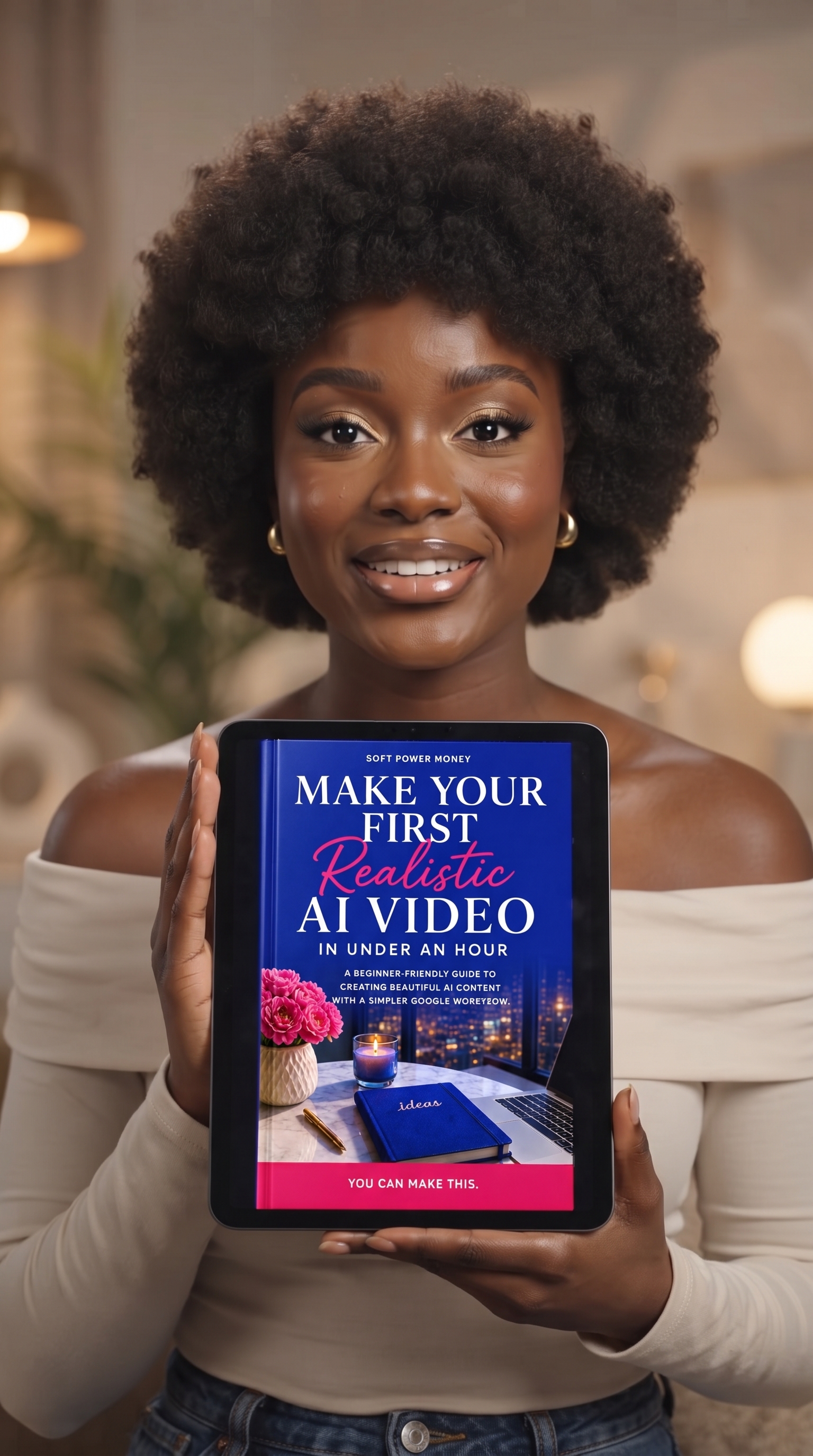 Woman who is smiling and holding an ipad with the interactive digital AI Video Guide open